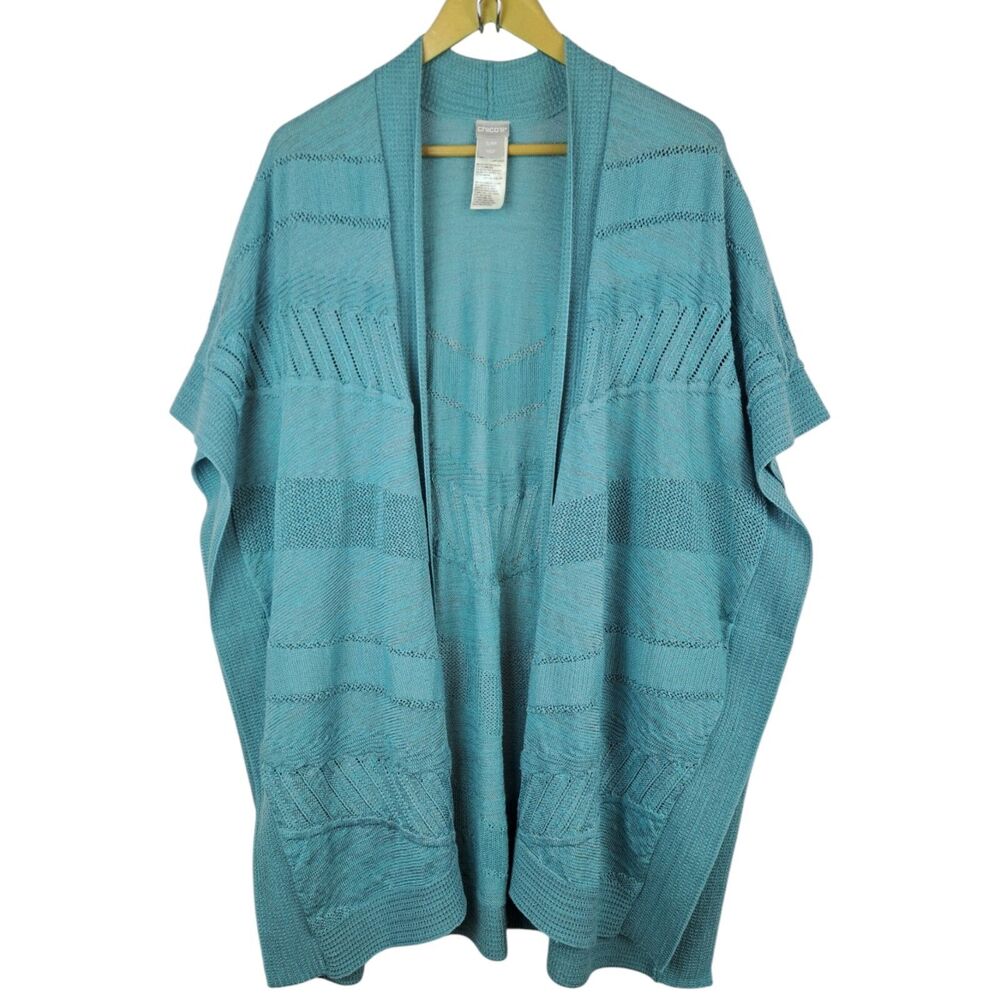 Chicos Teal Open Front Knit Cardigan Kimono Style Size S M Blue Oversized